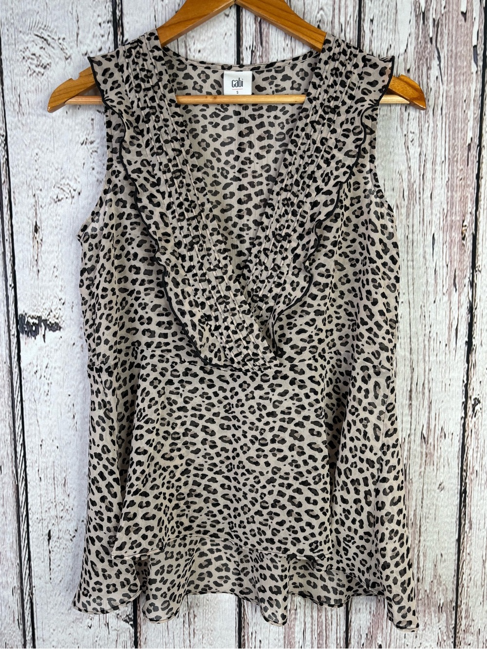 CAbi Animal Print Flutter Blouse Small Sleeveless Sheer No Lining Lightweight